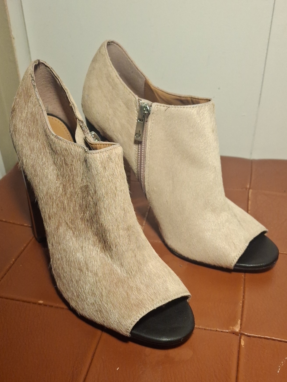 Calvin Klein Beige Open-Toe Zip Ankle Booties